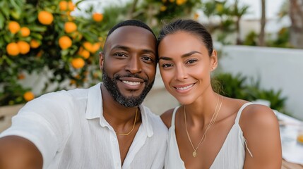 Happy interracial couple taking a smiling selfie outdoors. Portrait of a loving man and woman on a summer vacation with an orange tree in the background