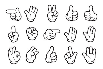 Retro groovy style hands set. Cartoon hippie hand collection. Vintage hippy various palm sticker pack. Showing gestures victory, shaka, ok, rock and love. Abstract trendy y2k vector eps illustration