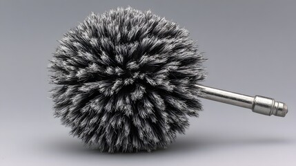 Dense, spherical abrasive brush head attaches to a metallic shaft against a neutral background