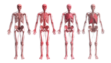 Four human figures, skeletal, muscle overlaid