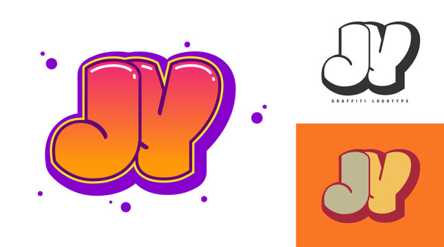 JY logo design for festival or party. Initial letter j and y in graffiti style. Creative modern lettering company name of font typography. Kids trendy logotype or identity.