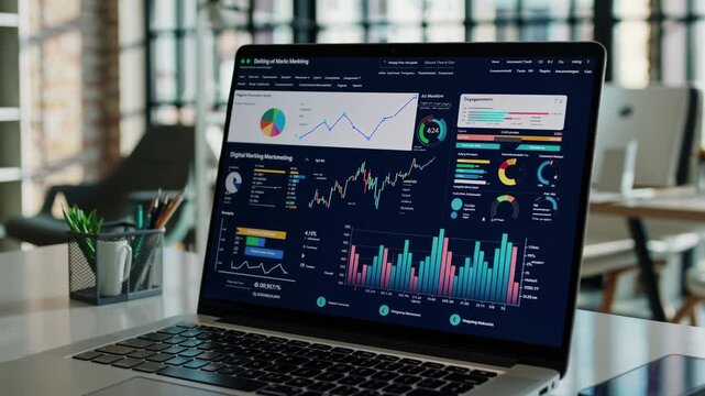 A modern office setting with a laptop displaying analytics. Captured from a side angle, perfect for business video presentations or tech-related content.