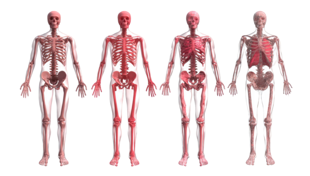 Four human figures, skeletal, muscle overlaid