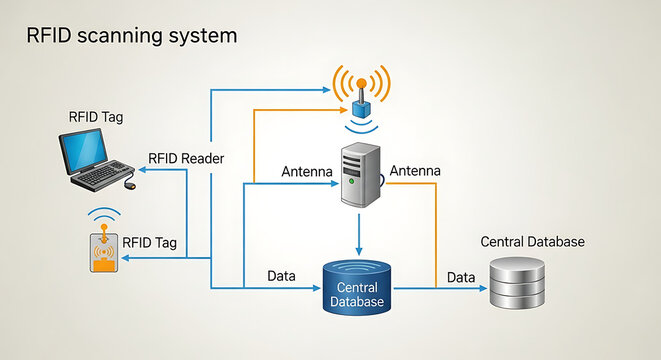 Diagram illustrating rfid scanning system with tags reader antenna and central database connection ai generated
