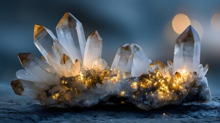 Natural quartz crystal cluster illuminates with warm golden light against a cool blue backdrop