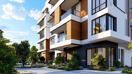 Obraz premium Modern Apartment Building with Wood Accents and Balconies under a Sunny Sky.