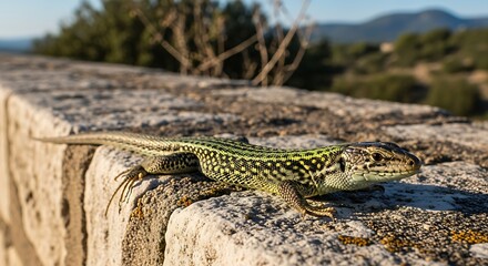 Naklejka premium Lizard basking in sunlight on a stone wall, nature scene.