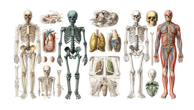 Anatomical chart showing human skeletons and internal organs