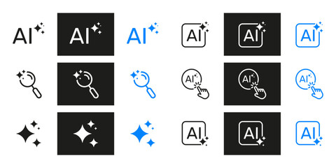 Ai And Sparkle Icon Set. Artificial Intelligence, Innovation, And Digital Transformation Silhouette Symbol Collection. Magnifying Glass And Cursor Elements. Isolated Vector Illustration