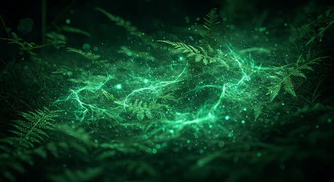 Close-up of lush fern fronds with magical, glowing green energy effects