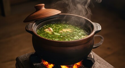 Savory stew simmers slowly within a traditional earthenware pot over glowing embers.