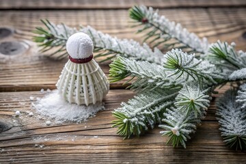 Miniature Badminton Shuttlecock Ornament Amongst Snowy Pine Branches Rustic Wooden Surface Festive Atmosphere Decoration Still Life