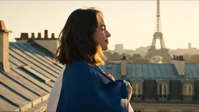 A young woman wrapped in the French flag stands on a Parisian rooftop, gazing at the cityscape during the golden hour. The Eiffel Tower rises majestically in the sunlit background, capturing a moment