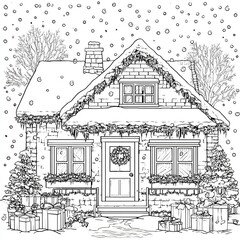 Simple black and white Christmas coloring page featuring Santa Claus, gifts, tree, and snowflakes, perfect for children&rsquo;s holiday art.