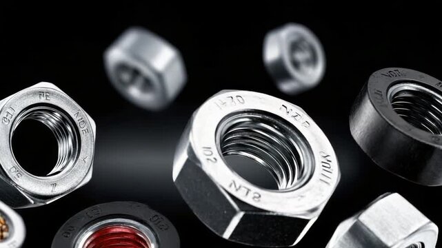 Close-up of various metallic nuts in a dark setting, showcasing detail and texture