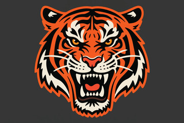 Aggressive tiger head illustration with open mouth, sharp teeth, and intense eyes. Bold orange and black stripes, fierce mascot design perfect for sports, logos, tattoos, and cultural artwork.