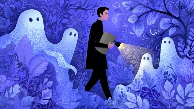 Man ghost hunting in forest using a torch at night