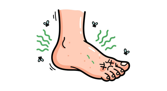 Humorous depiction of smelly foot with visible odor waves and unhappy toe expressions