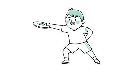 Obraz premium Illustrative boy throwing frisbee with athletic stance and cheerful expression cartoon style on