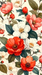 Close-up view of a floral pattern, featuring red, pink, and white blossoms against a cream backdrop