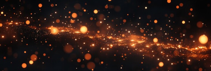 Glowing orange particles floating and swirling gently over a dark background creating a warm and magical atmosphere