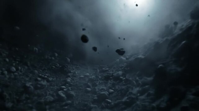 Dynamic asteroid field in dark outer space with scattered rocks and dramatic light. Cosmic science fiction background.