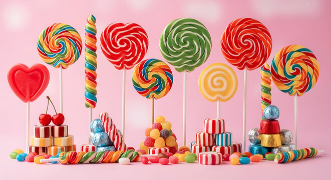 Colorful Candy and Lollipops on Pink Background
