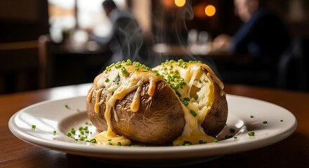 Delicious Loaded Baked Potatoes with Cheese and Chives on a Plate.