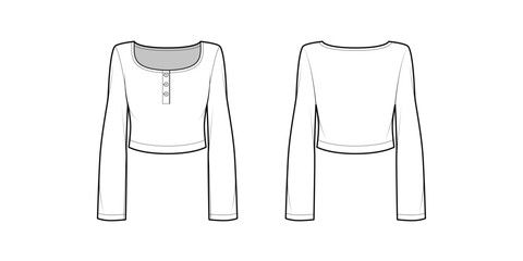 Naklejka premium Women's Long Sleeve Scoop Neck Henley Crop Top Fashion Flat Sketch-Front and Back View- Fashion Flat- Vector Illustration- CAD Mock-up
