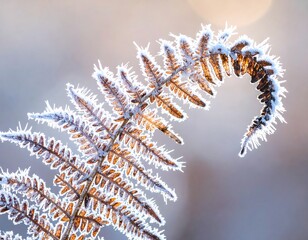Close-up view of a frosted fern frond with intricate details and a blurred background