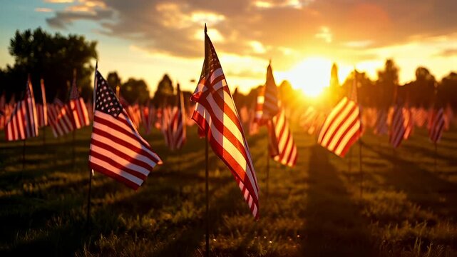 Aerial view of American flags during sunset in a field during the golden hour, with the sun casting a warm, golden hue over the scene. The flags are prominently displayed in the foreground.