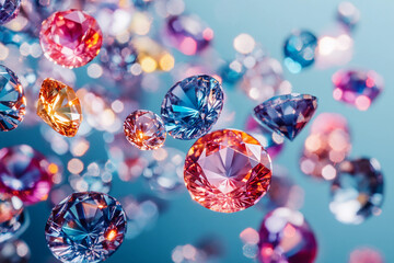 Flying colorful gems and diamonds on vibrant background for jewelry sale, luxury branding or promotion concept, generative ai