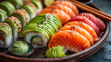 Assorted sushi and maki rolls featuring salmon, tuna, avocado
