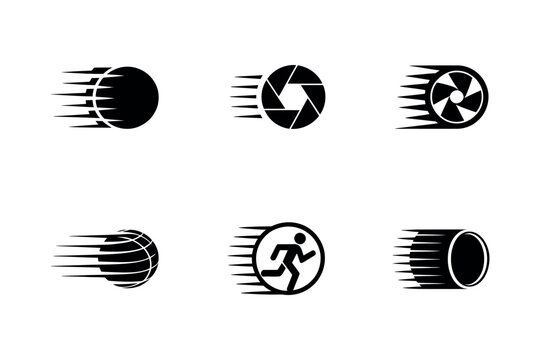 Collection of dynamic speed icons representing motion photography sports and rapid delivery services