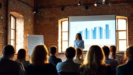 Woman presents data in brick room; audience listens in a warm setting - Powered by Adobe