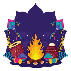 Festive bonfire with kites drums and colors for celebration