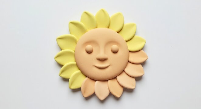 Sculpted cheerful sun face creation rests against a light background