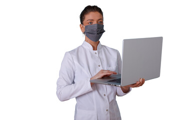 Medical professional woman wearing face mask using laptop, providing remote healthcare support on transparent background