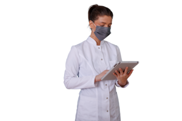 Woman doctor or medical professional in lab coat and face mask using digital tablet for healthcare data, transparent background