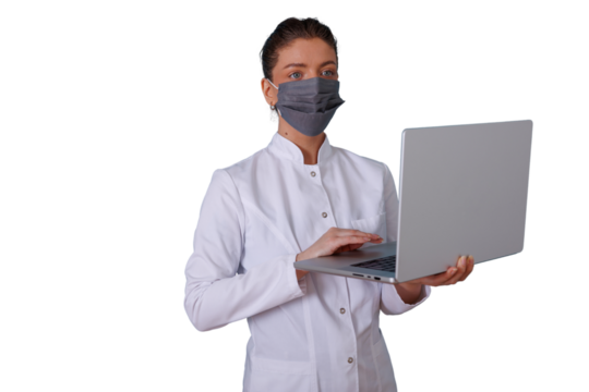 Medical professional woman wearing face mask using laptop, providing remote healthcare support on transparent background - Powered by Adobe