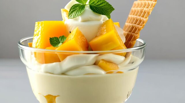 Indulge in a sweet treat featuring creamy whipped topping, juicy mango pieces, and a crispy waffle cone. Perfect for warm days