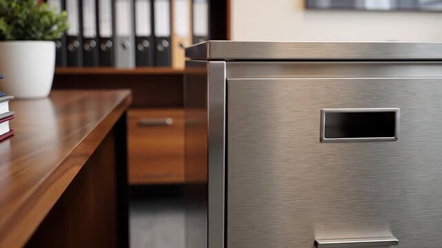 Notebook stack on an office shelf, slow push toward a steel pedestal
