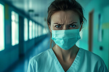 Generative AI image of a teacher doctor medical worker in medical mask standing in classroom during pandemic