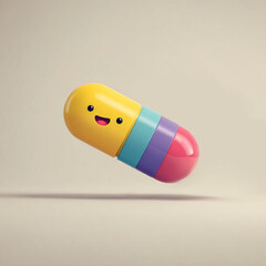 Colorful cartoon capsule floating in an empty studio with a cheerful face, showcasing a fun and playful design in a creative art setting
