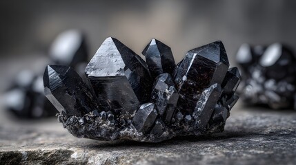 Cluster of dark, sharply pointed mineral formations rests upon a rough stone surface