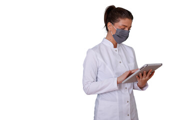 Female doctor wearing face mask using tablet, checking patient data, medical healthcare technology concept, transparent background