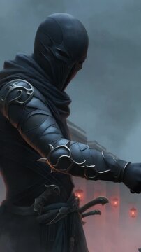 fantasy character, an assassin in black leather armor carry two daggers 