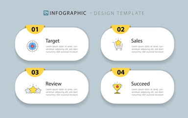 4 step business infographic template with target, sales, review and success, modern yellow flat design for marketing process and corporate presentation, Infograph elements vector illustration.