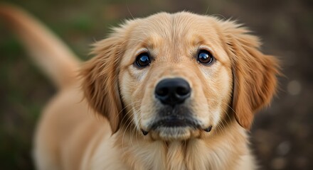 Close-up view of a golden retriever puppy looking up with soft fur and brown eyes