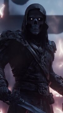 fantasy character, skeleton assassin holding daggers with power energy 